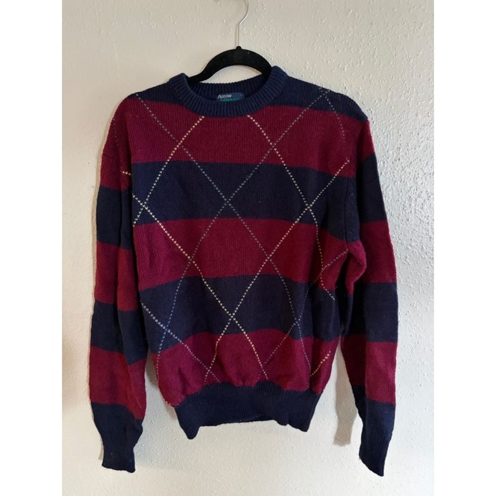 Vintage Arrow Blazer Collection Sweater Striped Knit Crewneck Navy Burgundy L